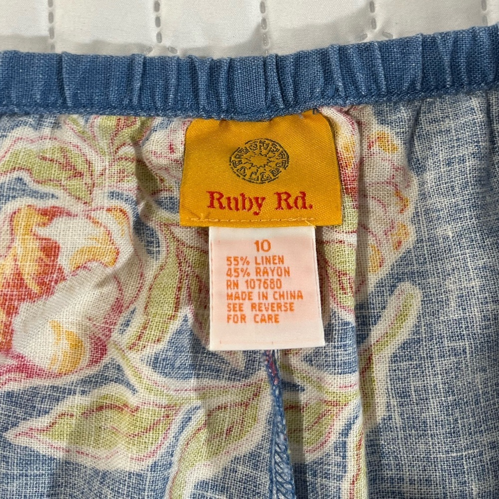 Ruby Rd Floral Linen Blend Wide Leg Pants Blue Yellow Boho Resort Size 10 - Picture 2 of 8